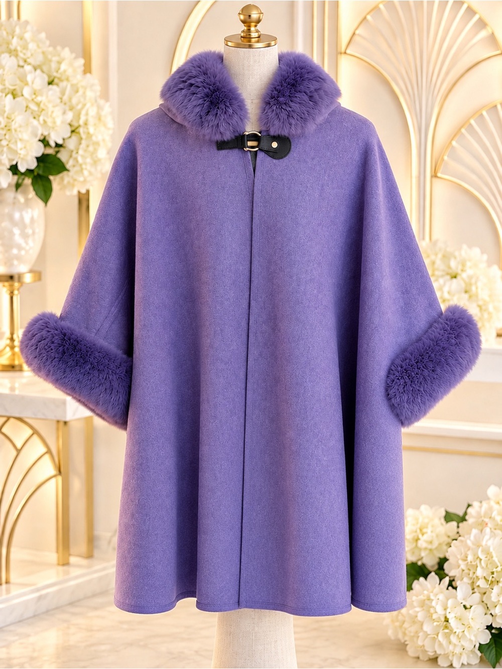 🆕😍Plush Faux Fur-Trim Violet Cape with Hoodie - Women's Poncho